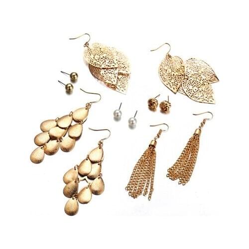 2020 6 pairs Fashion Jewelry Gold Silver Color Leaves Earrings for Women Creative Metal Earrings Hollow Design Female