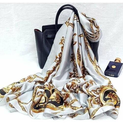 AMYO Luxury Print Satin Silk Scarf Women Large Head Hijab 200*90cm Imitation Silk Beach Shawl Fashion Female Muffler Foulard