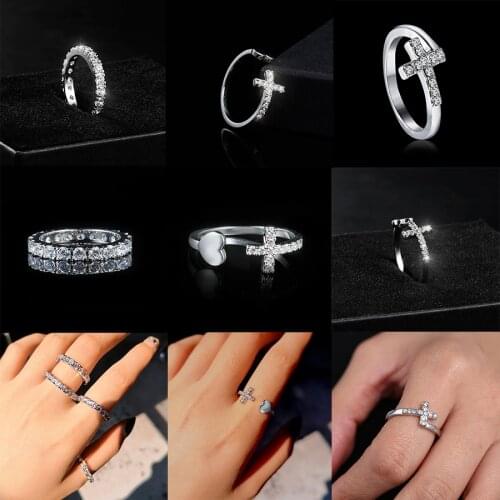 Fashion Creative Full Rhinestone Statement Zircon Ring For Women Cross Heart Open Ring Female Engagement Rings Jewelry Gifts
