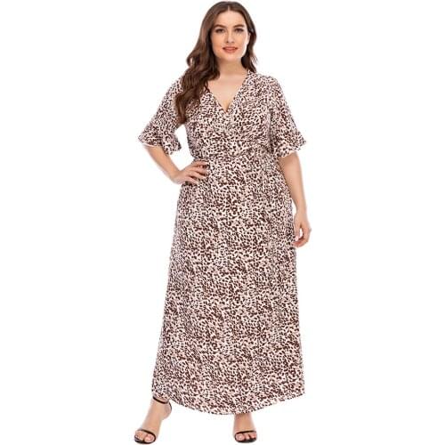 DOIB Leopard Ruffle Dress Women V Neck Ruffle Short Sleeve Wrap Large Size Dress 2020 Autumn Vintage Long Maxi Dress XL-5XL