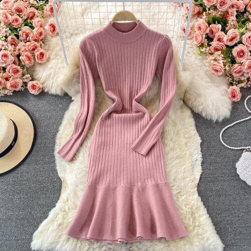 New Spring Autumn Women Stand Collar Long Sleeve Slim Mini Base Dress Elegant Solid Color Knitted Mermaid Dress