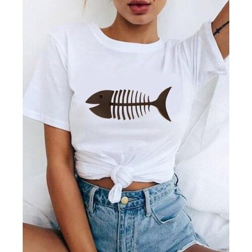 2021 Fashion Women Harajuku Funny FishboneCartoon Printed T Shirt Soft Female T shirt Casual Short Sleeve Womens T-shirt