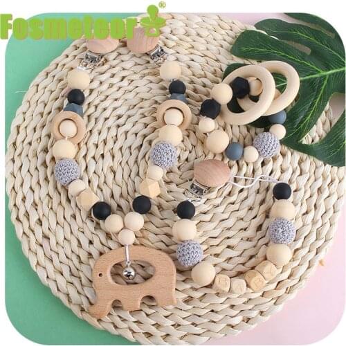 Fosmeteor 3Pcs/Set Baby Stroller Hanging Clip Pendant Mobile Rattle Wooden Ring Bracelet Teether Dummy Holder Pacifier Chain