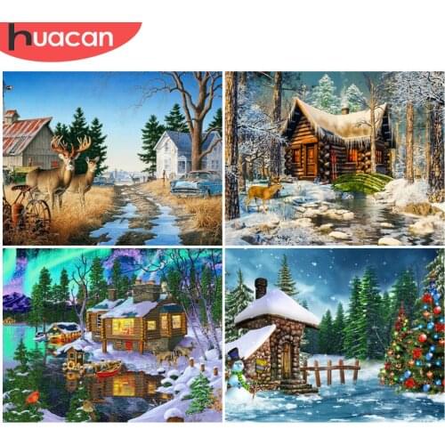 HUACAN Picture By Number Deer Animals Kits For Adults Handpainted DIY Paint By Number Winter House On Canvas Home Decoration