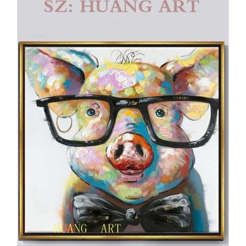 Paintings Hand Painted Piggy Animal Oil Painting on Canvas Modern Abstract Wall Art Red pig with glasses Room Decor No Frame