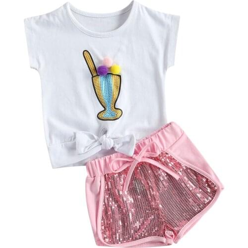 Citgeett Summer Kids Baby Girls Outfits Set Short Sleeveless Print Tops Pink Sequin Shorts Clothing