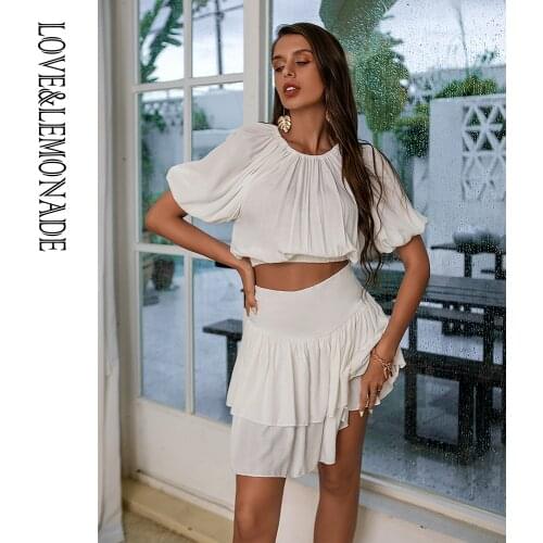 LOVE&LEMONADE Sexy White Round Neck Open Back Bubble Short Sleeve Two-Pieces A-Line Set LM83286-1