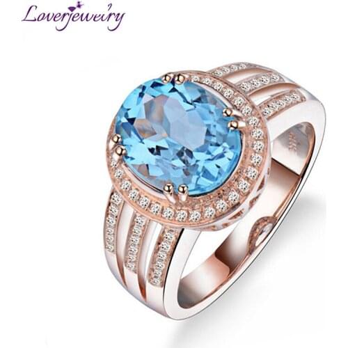 LOVERJEWELRY Woman Topaz Ring Solid 14Kt Rose Gold Diamonds Engagement Jewelry Oval 8x10mm Blue Gemstone Topaz Rings 2021