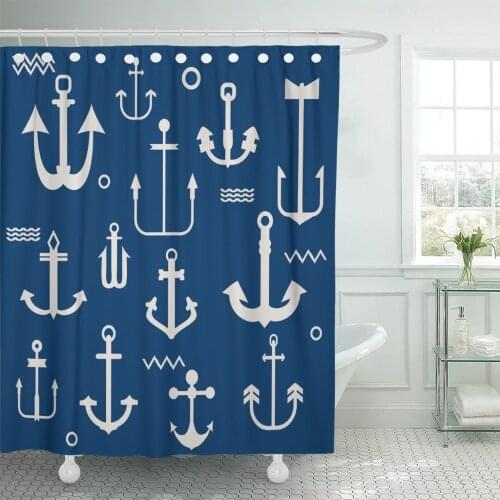 Nautical Various Anchor Collection in Pattern Marine Boat Away Shower Curtain Waterproof Polyester Fabric 60 x 72 inches Set wit