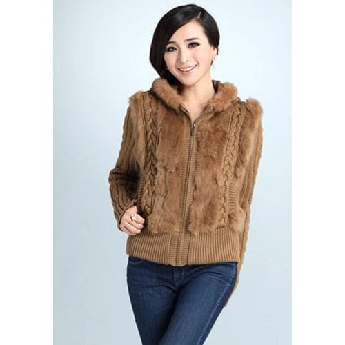 Real Fox Fur Collar Warm Spring Rabbit Fur Coat Female Real Fur Knitted Jacket Outwear Fashion Long Sleeve Hooed Coats Cardigans
