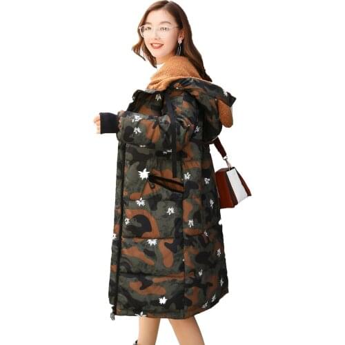 2019 Silk Zipper High Waist Thick Special Offer And Winter New Clothes Woman Korean Long Fund Camouflage Hat Loose Coat Tide