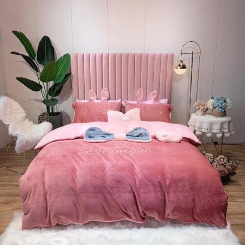 New bow Bedding Set Flannel bed linen Bean paste Bed Set Duvet Cover/sheet/Rabbit ears pillowcases Queen Size Bed Pink/grey blue