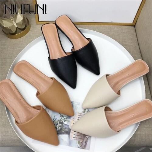 NIUFUNI Summer Pointed Toe Flat Slippers Women PU Leather Casual Shoes Mules Black Yellow Apricot Shoes Woman Sandals