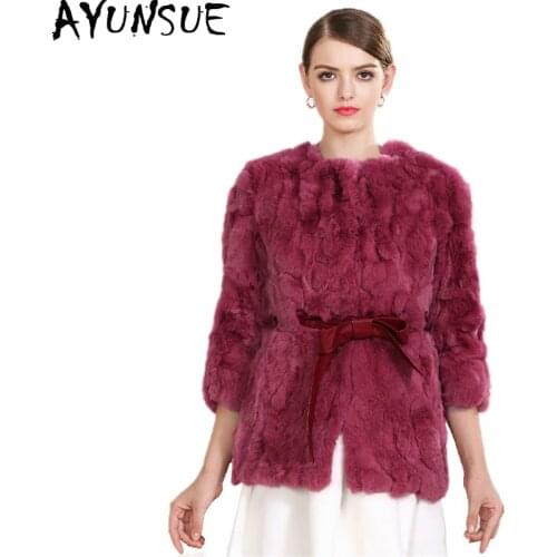 AYUNSUE 2020 New Autumn and Winter Natural Rex Rabbit Fur Coats Women O-Neck Long Slim Real Fur Coat Female Outerwear YS2814004