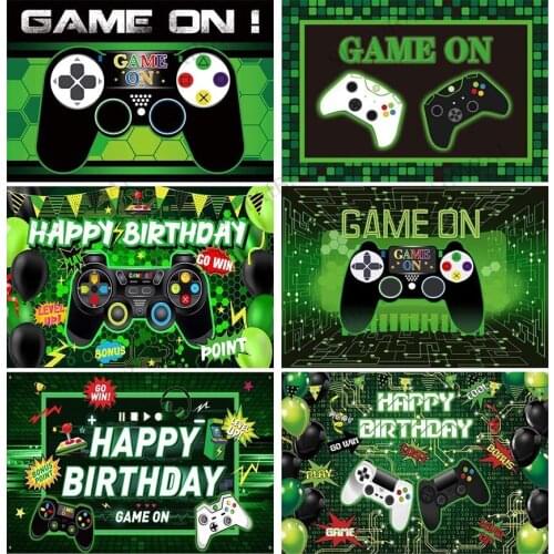 Happy Birthday Theme Green Video Game on Backdrop for Newborn Kids Retro Gaming Party Supplies Decors Level Up Photo Background