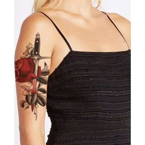 Waterproof Temporary Tattoo Sticker Sexy Red Rose Knife Realistic Design Fake Tattoos Flash Tatoos Arm Body Art for Women Men