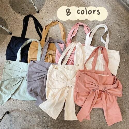 Women Bag Cotton Fabric Tote Bag Bow Japan Style Lady High-capacity Solid Hasp SOFT Shoulder Bag Handbag Teenager Girl Bag Sweet