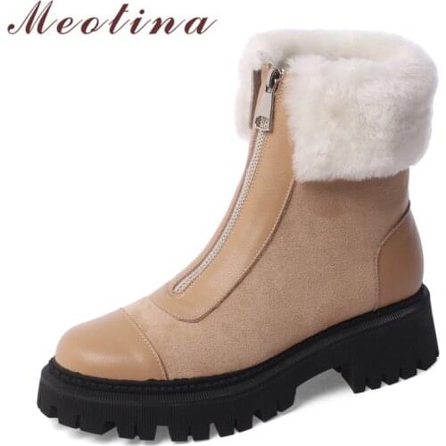 Meotina Women Ankle Boots Shoes Genuine Leather Platform High Heel Short Boots Zip Round Toe Thick Heels Snow Boots Lady Winter
