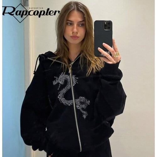 Rapcopter Dragon Print Sweatshirts Vintage Diamonds Long Sleeve Jackets Hooded Loose Zipper Casual Coat Women Autumn Winter 2021
