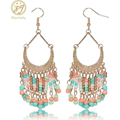 Zhijia beads tassel Dangle Earrings Women Red royalblue Black white Drop Earring Indian Jewelry pendentes Gift Bohemian