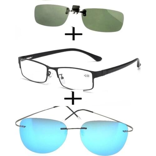 3Pcs!!!rectangular Metal Black Business Reading Glasses for Men Women + Alloy Polarized Sunglasses Thin Leg + Sunglasses Clip