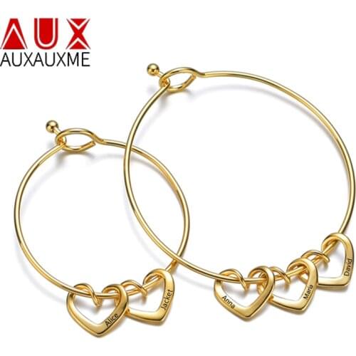 Auxauxme Personlized Heart Name Bangeles for Mom Kids Gold Stainless Steel Engraved Family Women Jewelry Monthers Day Gifts