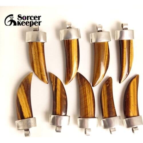 50mm Natural Lron Tiger Eye Gems Stones Ox Horn Tusk Tooth Spike Beads Jewelry Making for Women Men Pendant Necklace 2pc/lot