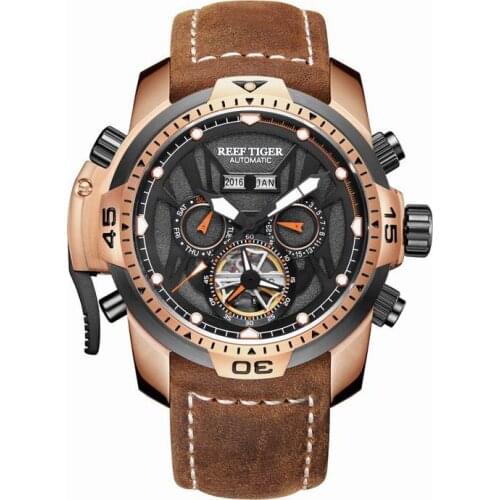 Mens sport watches,men automatic watch Reef Tiger luxury 100M waterproof leather strap man mechanical dress wristwatch RGA3532