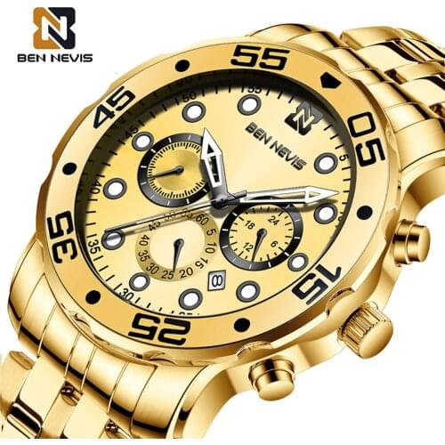 BEN NEVIS Mens Watch Stainless Steel Strap Gold Male Clock Chronograph Calendar Quartz Watches Luxury Reloj Hombre