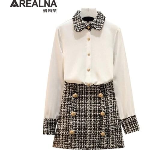 Elegant 2 Piece Set Women Tweed Tassels Chiffon Shirt Top + Double-Breasted Woolen Pencil Mini Skirt Suit two piece women outfit