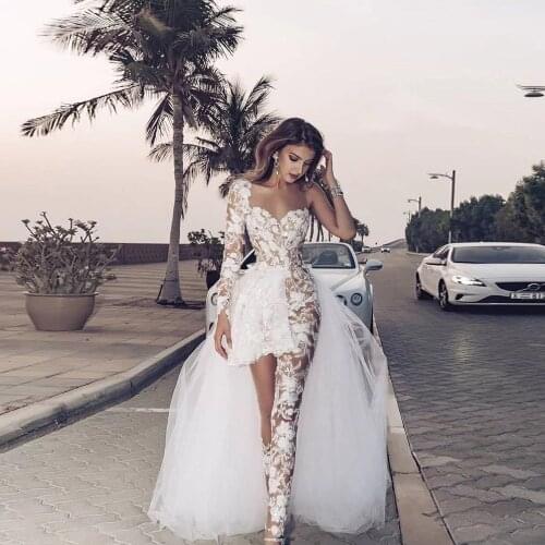 Western Country Jumpsuits With Detachable Train Lace Appliqued Sweetheart Long Sleeve Boho Wedding Dress Vestidos