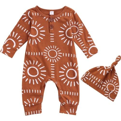 0-24M Infant Baby Boy Girl Clothing Sets Sun Print 2PCS Casual Toddlers Long Sleeve Round Collar Rompers+Hat Autumn Outfits