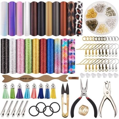 DIY Jewelry Kit PU Leather Fabric Iron Alligator Hair Clip Earring Hooks Jump Rings Tassel Pendant Leather Acrylic Template