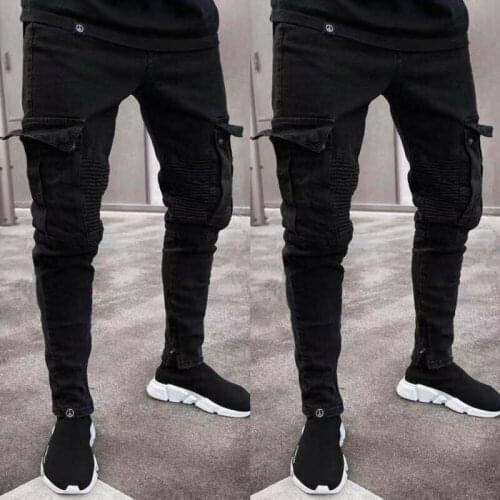 Fashion Black Jean Men Denim Skinny Biker Jeans Destroyed Frayed Slim Fit Pocket Cargo Pencil Pants Plus Size S-3XL Hip Hop