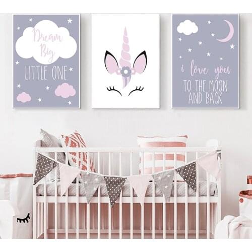 Pink Unicorn Nursery Wall Art Poster Love Quotes Print Moon Stars Canvas Painting Nordic Picture Kids Baby Girl Room Decoration
