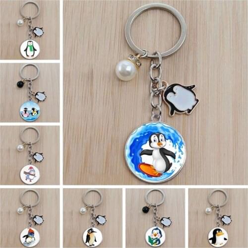 New cartoon penguin ski winter cute keychain cute penguin painting key ring handmade craft jewelry glass dome accessories
