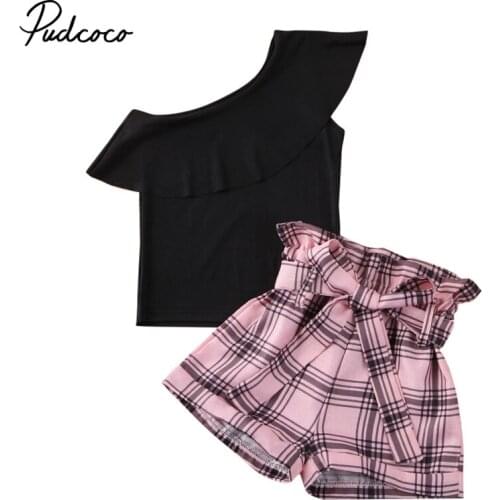 2-7Y Toddler Baby Girls Clothes Sets One Shoulder Ruffles T Shirts Tops Plaid Print Bow Shorts Summer Baby Sets