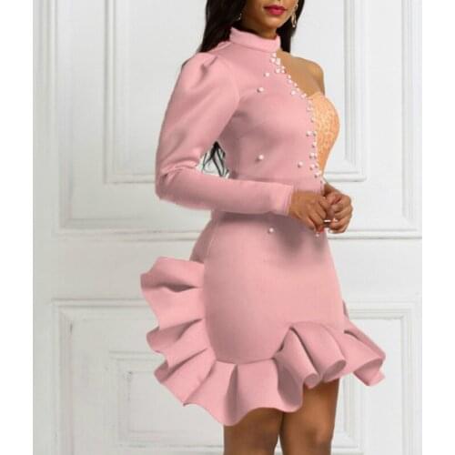 Celebrate Christmas Party Dresses Lace Patchwork Bead Sexy One Shoulder Slope Long Sleeve Backless Women Vestido Ruffles Bodycon