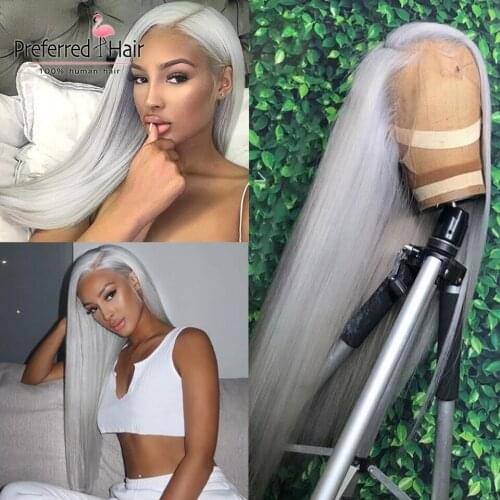 Preferred Grey Silver Straight Lace Front Wig with Baby Hair Green 99j Red Pre Plucked Brazilian Remy Human Hair Wigs For Women