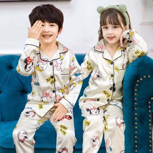 Long Sleeve Disney Cartoon Mickey Minne Donald Duck Home Ice Silk Clothing Suit Kids Girls Boys Pajamas Children Sleepwear