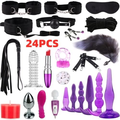 Sex Bondage Set Leather Restraints Slave Collar Handcuffs Adult Games Butt Plug Anal Vibrator Sex Toys for Couples