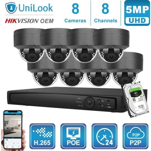 UniLook 8CH NVR 4/6/8Pcs Gray 5MP Dome POE IP Camera NVR kIt CCTV Security System Night Vision Outdoor NVR Kit Onvif H.265 P2P
