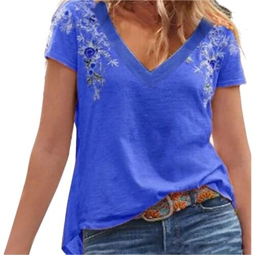 Harajuku Tee Shirt Femme Womens Summer 3D Print Top Blouse Embroidered V-neck Short Sleeve Blouse Blusas Mujer De Moda 2021