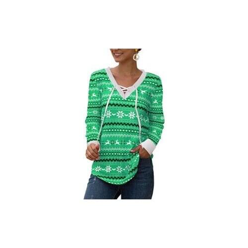 Womens Christmas Shirt Female Lace-up V-Neck Long Sleeve Knitted T-Shirts Ladies' Printed Xmas Joyous Shirts Spring Winter Tops