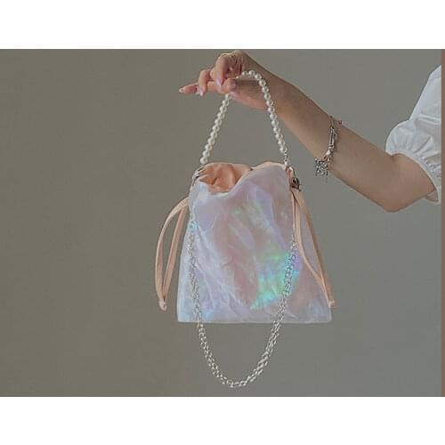 Women Bag New Sweet Bucket Lace Pearl strap Solid Zipper SOFT Shoulder Bag Purse And Handbags Princess Style Girls Bag Lady