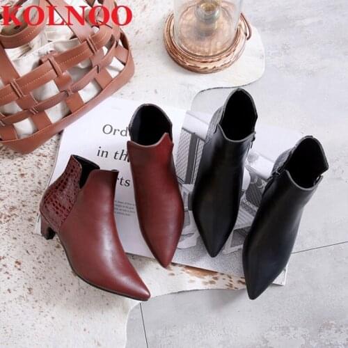 KOLNOO Womens New Style Handmade Kitten Heels Ankle Boots Faux-Leather Dress Martin Boots Sexy Fashion Party Winter Short Shoes