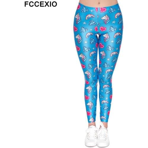 FCCEXIO New Style Women Unicorn Leggings Workout Leggins Fitness Legging Sexy Pants High Waist Print Rainbow Star Donuts Pant