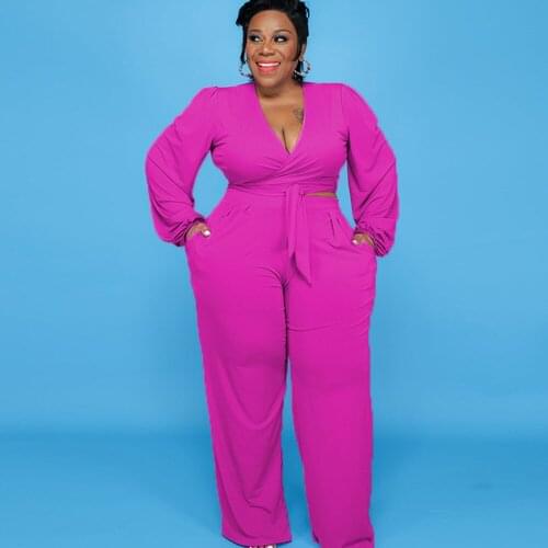 ZJFZML ZZ Women Clothing Two Piece Set Plus Size 2021 Long Sleeve V-neck Crop Top and Wide Leg Pant Dropshipping Wholesale