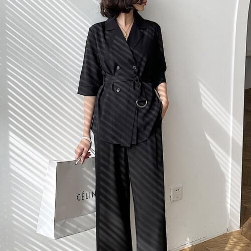 Casual Black Two Piece Set For Women Lapel Collar Short Sleeve Summer Blazer High Waist Wide Leg Pants Korean Sets Female 2021