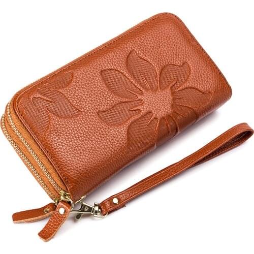 Genuine Cow Leather Women Double Zipper Long Wallet Large Capacity Ladies Purse Phone Bag Credit Cards Holder Money Clutch